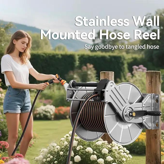 Giraffe Tools Stainless Steel Garden Hose Reel Heavy Duty, Wall/Floor Mounted Stainless Water Hose Reel Retractable with Crank, 150-Feet 5/8" Hose Capacity by GreenHaven Gardens