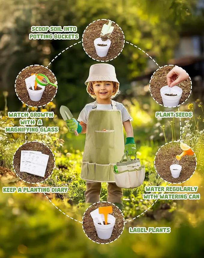 ROBUD Kid Gardening Set, Wooden Garden Tool for Kid, Garden Tool Kit with Tool Storage Bag, Apron, Gloves, Montessori Toys for Kids to be Closed to Nature, WRP25 by GreenHaven Gardens
