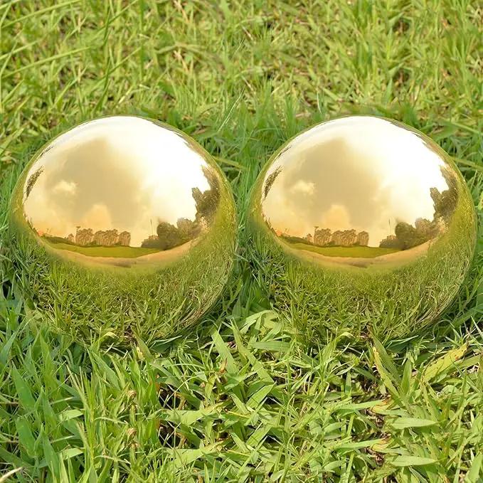 Nerien Gazing Ball, 3.9" Stainless Steel Garden Mirror Globe, Polished Ornament Sphere, Hollow Floating Reflective Hemisphere, Home Outdoor Pond Housewarming Swimming Pool Decoration, Gold, 2pcs by GreenHaven Gardens