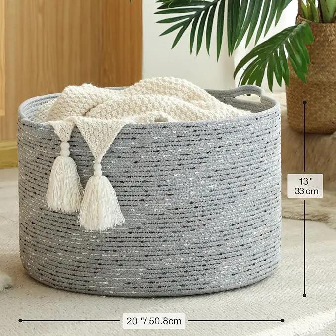 KAKAMAY Large Blanket Basket (20"x13"),Woven Baskets for storage Baby Laundry Hamper, Cotton Rope Blanket Basket for Living Room, Laundry, Nursery, Pillows, Grey with Blue & Brown Dotted by GreenHaven Gardens