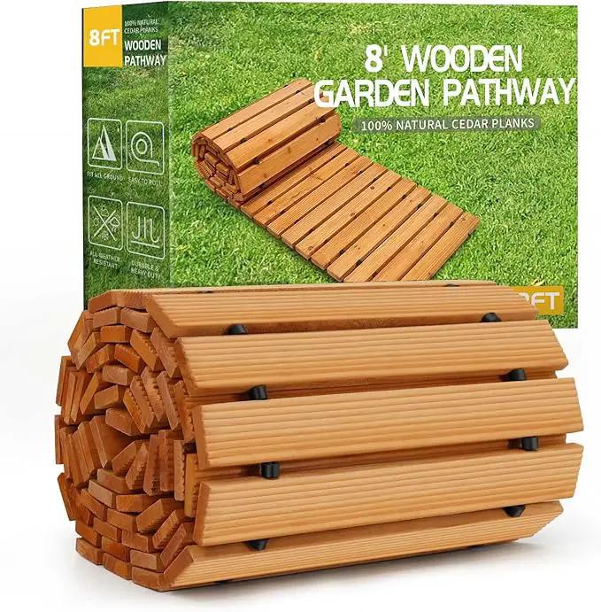 RELIANCER 8' Wooden Garden Pathway,Outdoor Roll Out Cedar Straight Walkway,Patio Path Decorative Garden Boardwalk Walkways,Weather-Resistant Roll Up Beach Wood Road Floor,Wedding Party Pathways by GreenHaven Gardens