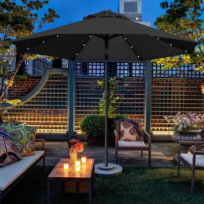 Sunnyglade 9' Solar LED Lighted Patio Umbrella with 8 Ribs/Tilt Adjustment and Crank Lift System (Black) by GreenHaven Gardens