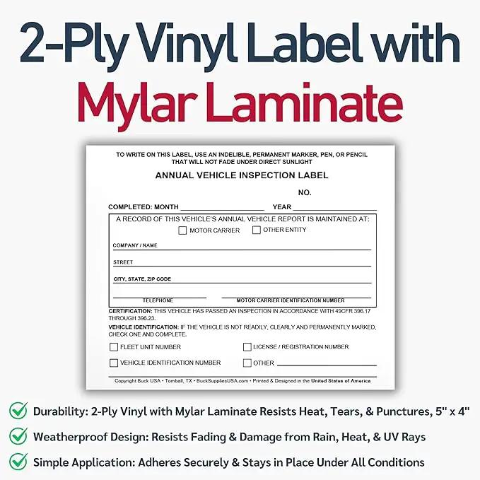 5 Pack Buck Annual Vehicle Inspection Label, 2-Ply Adhesive Vinyl with Mylar Laminate, FMCSA & DOT Compliant, Weatherproof, Tear Resistant, Easy to Write On, 5" x 4" - Made in USA by GreenHaven Gardens