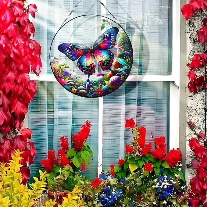 RIVEENY Butterfly Stained Glass Window Hangings, 8" Monarch Butterfly Hanging Stained Glass for Windows, Sun Catcher Garden Hangings Christmas Mother's Day, Valentine's Day Ornaments Festival Gift by GreenHaven Gardens