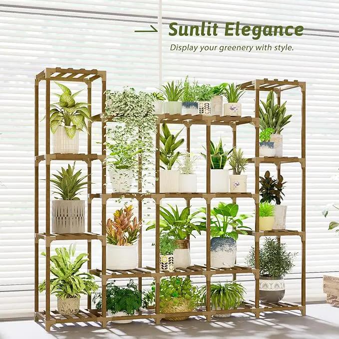 Large Plant Shelf 17 Pots Plant Stand Indoor Outdoor Tall Plant Rack Wood for Indoor Plants Multiple Plant Holder for Patio Balcony Garden Flower Stand Load-Bearing 600 LBS by GreenHaven Gardens