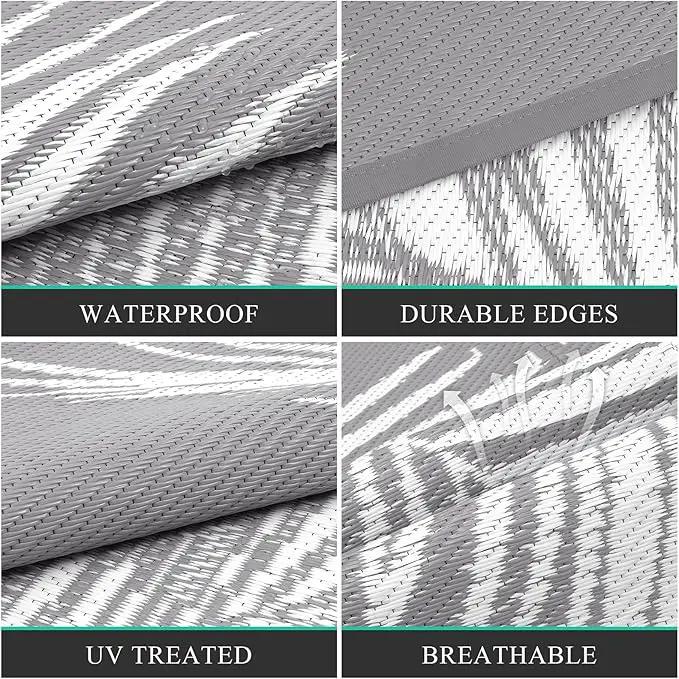 Pauwer Waterproof Outdoor Rug 9x12, Reversible Plastic Straw Patio Camping Rug, Indoor Outdoor RV Mat Carpet for Deck, Camper, Porch, Balcony, Backyard, Picnic, Leaf Grey by GreenHaven Gardens