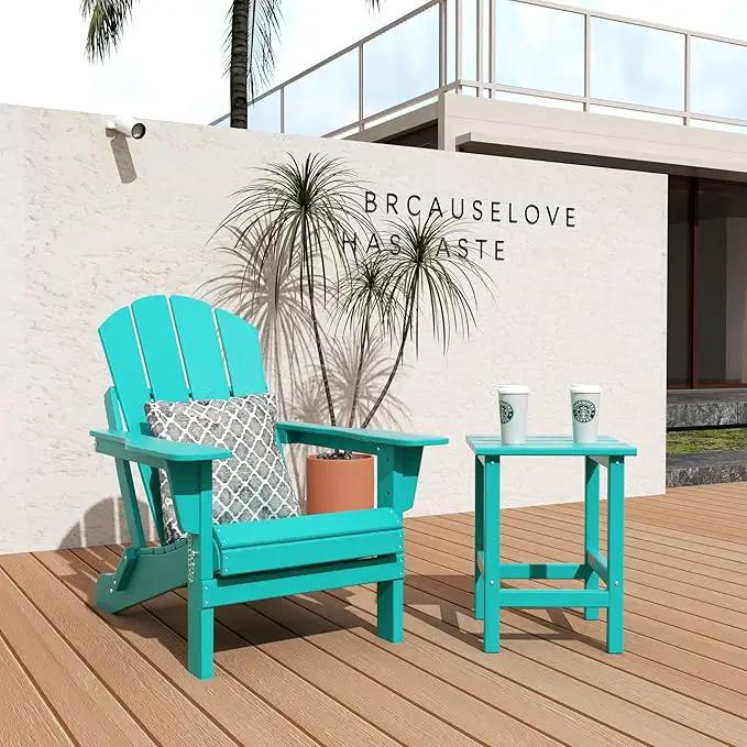 WO Home Furniture Adirondack Chair Table Set of 2 PCS Outdoor Folding Chair w Side Table Weather/UV Resistant for Lawn, Garden, Bon Fire, Balcony (Turquoise) by GreenHaven Gardens