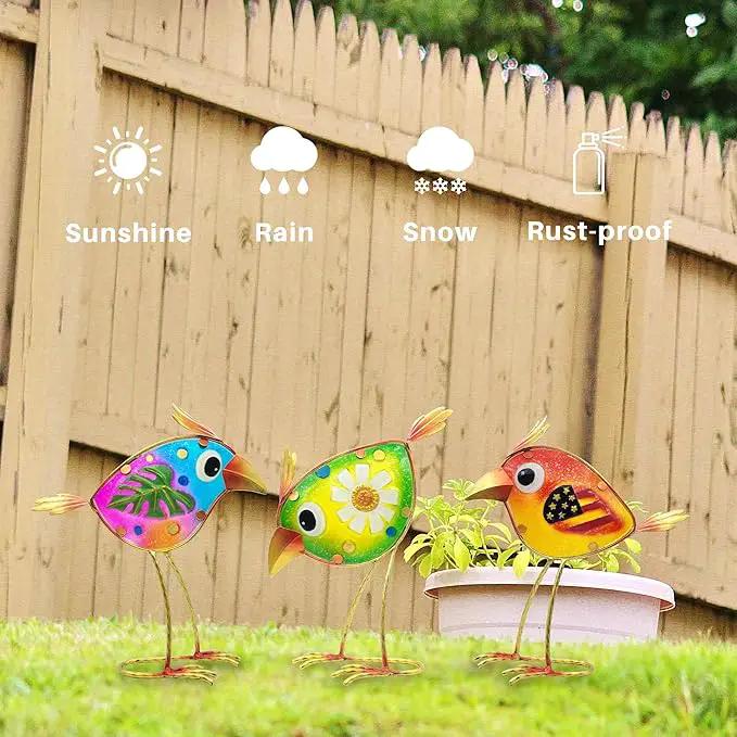 Birds Garden Decor for Outside: Metal & Glass Bird Yard Art, Craft Statue Lawn Ornaments for Outdoor, Housewarming Birthday Gifts for Women (3 PCS) by GreenHaven Gardens