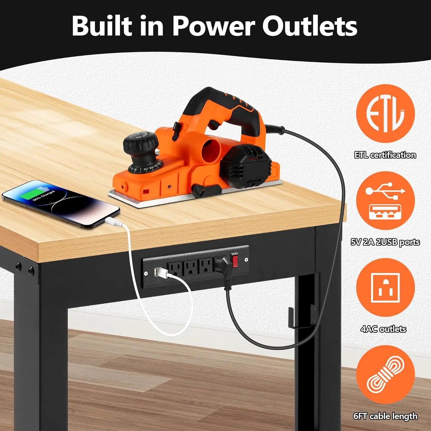 60” Adjustable Workbench，Heavy Duty Wood Work Bench 2000 Lbs Load Capacity,Work Table with Power Outlet and Wheels for Garage, Workshop, Office, Home by GreenHaven Gardens