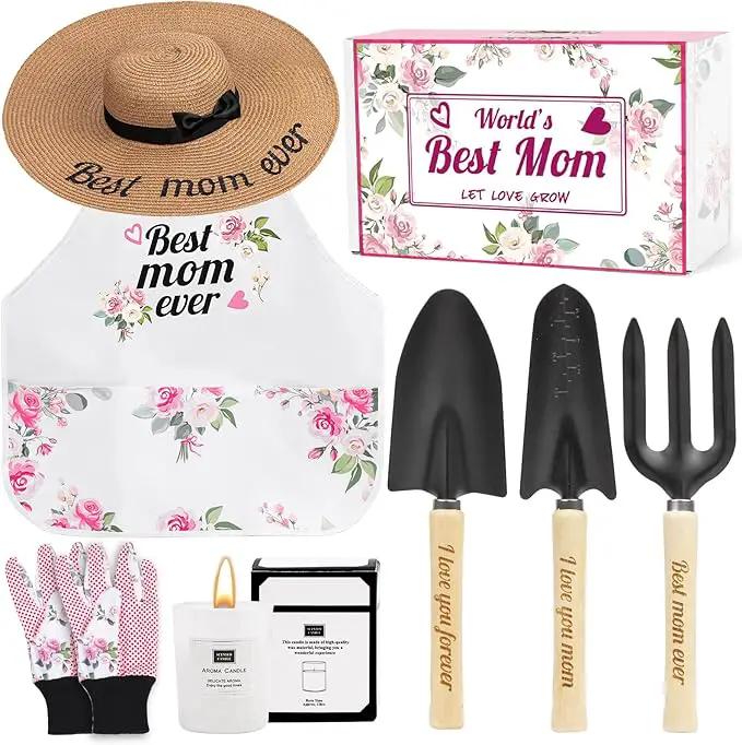 Gifts for Mom,7 Piece Womens Gardening Kit with Pink Gardening Tools,Straw Hat, Floral Gardening Apron and Gloves,Mothers Day Gardening Gifts for Mom Pink by GreenHaven Gardens