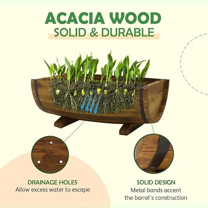 IDZO Solid Acacia Wood Half Barrel Planters Outdoor Set of 2 Different Sizes, Wooden Planters for Outdoor Plants with Metal Bands & Drainage Holes, Legs Included, Brown by GreenHaven Gardens