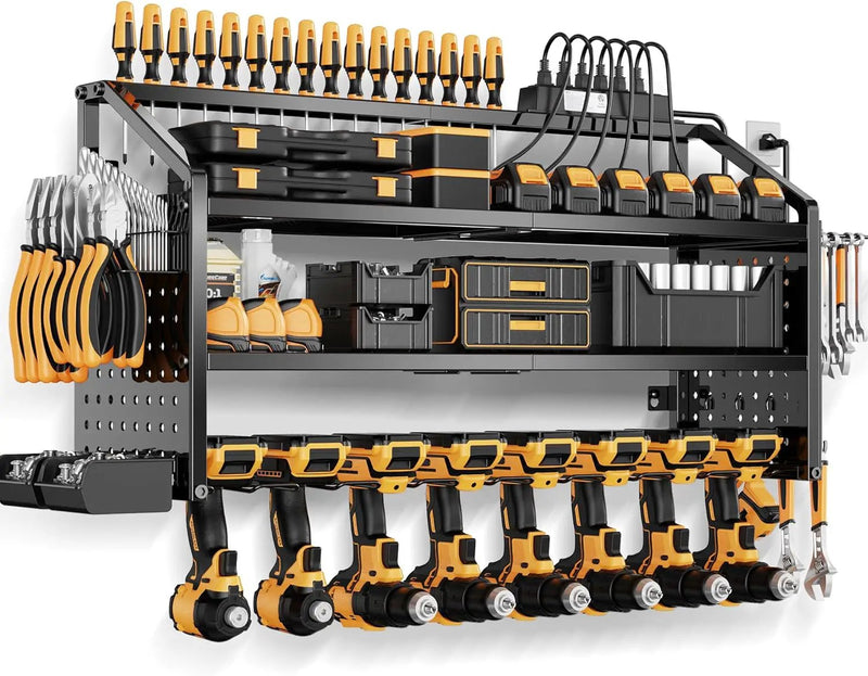 LBT Large Power Tool Organizer Wall Mount with Charging Station, 8 Drill Holder, 4 Layer Heavy Duty Metal Tool Storage Rack, 6 Power Strip, 8 Hooks, 2 Screw Boxes, Cool Gifts for Him Fathers Day by GreenHaven Gardens