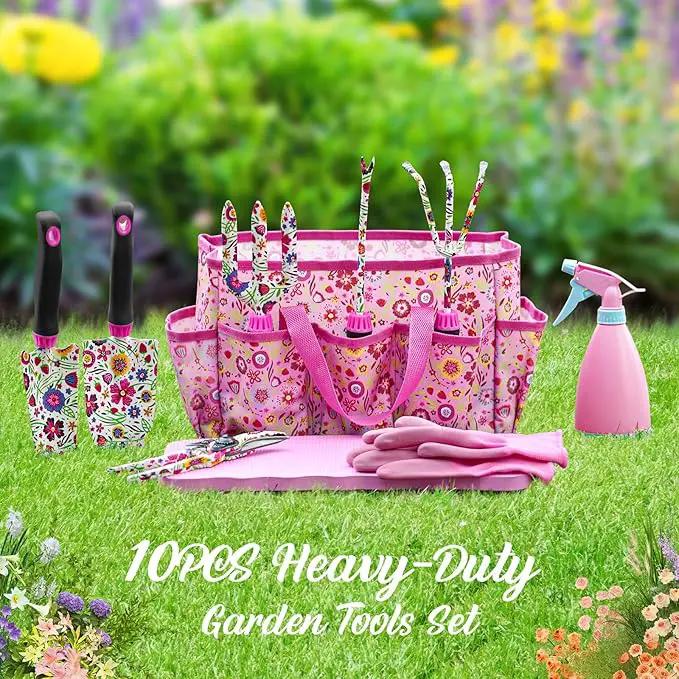 Gardening Tools Set, 10 PCS Stainless Steel Heavy-Duty with Non-slip Soft Rubber Handle with Large Garden Bag, Floral Pattern Gardening Tool Set Gifts for Women Birthday Mother's Day, Pink by GreenHaven Gardens