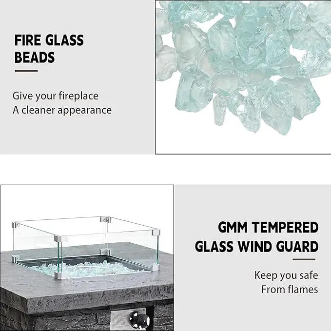 32" Outdoor Propane Fire Pit Table, Stone Fire Table Square Firepit w Glass Wind Guard(50,000 BTU), 2 Piece Slate Gas Fire Table in Deep Grey w Fire Glass, Rain Cover for Outside, Backyard by GreenHaven Gardens