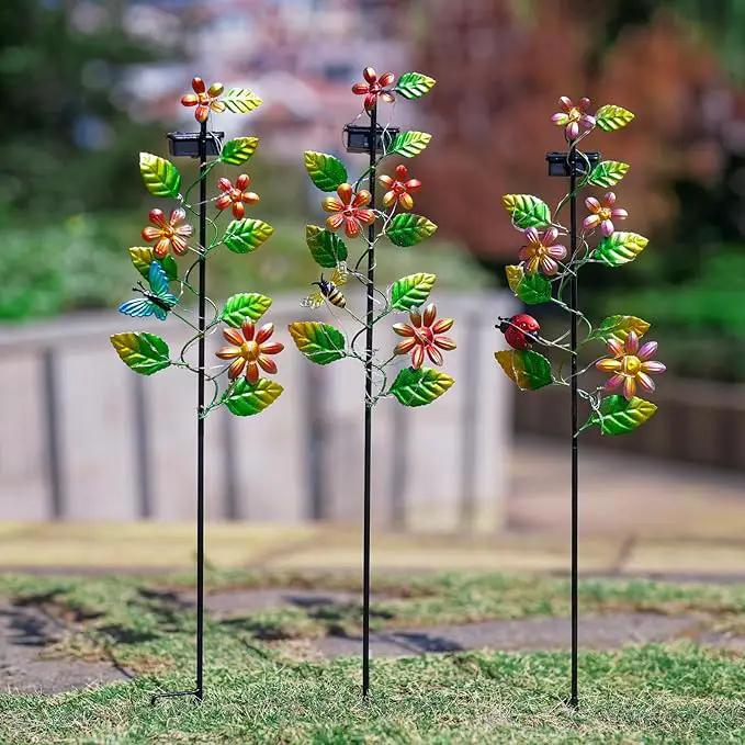 3 Pack Solar Garden Lights, Flower & Insect Metal Solar Stake Light, 23" H Outdoor Statues Figurine Lights for Garden Lawn Patio Yard Decoration by GreenHaven Gardens