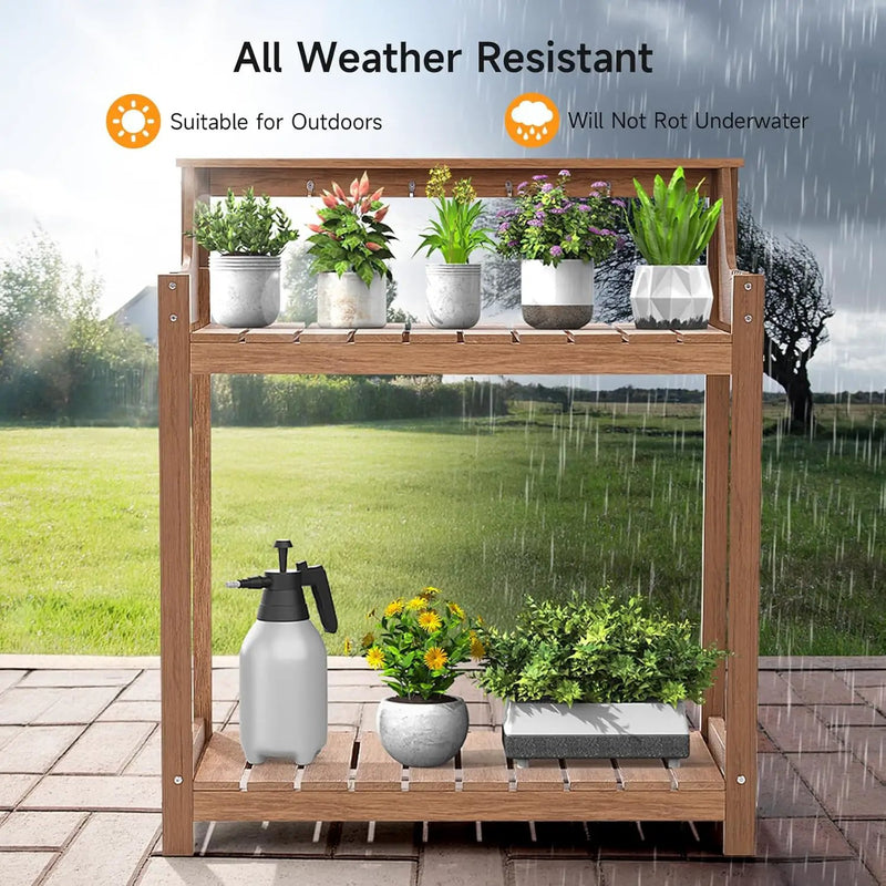 HDPS Potting Bench, All Weather Potting Table with 8 Hooks and Highten Tabletop, Easy Assembly Garden Work Bench, Outdoor Potting Benches for Outside Patio Lawn, 360LBS Capacity, Teak by GreenHaven Gardens