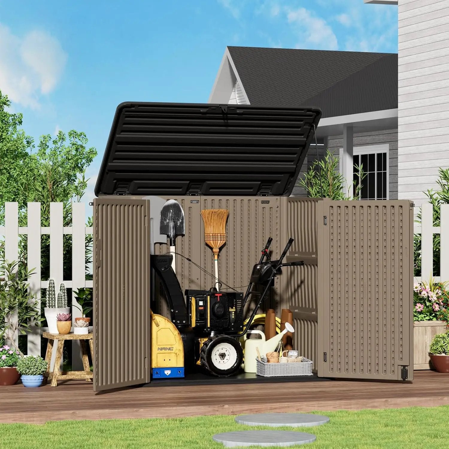 ZZM Large Outdoor Storage Shed, 48 Cu Ft Resin Versatile Storage Cabinet for Patio Accessories, Trash Cans & Garden Tools, Durable Horizontal Storage Box with Lockable Lid (Coffee) by GreenHaven Gardens