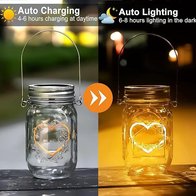 Hanging Solar Mason Jar Lights, 4 Pack Warm Heart Shape Led Lights, Solar Powered Lanterns Outdoor Waterproof, Hangers and Jars Included, Gift for Lover, Home Party Wedding Garden Patio Decor (4) by GreenHaven Gardens