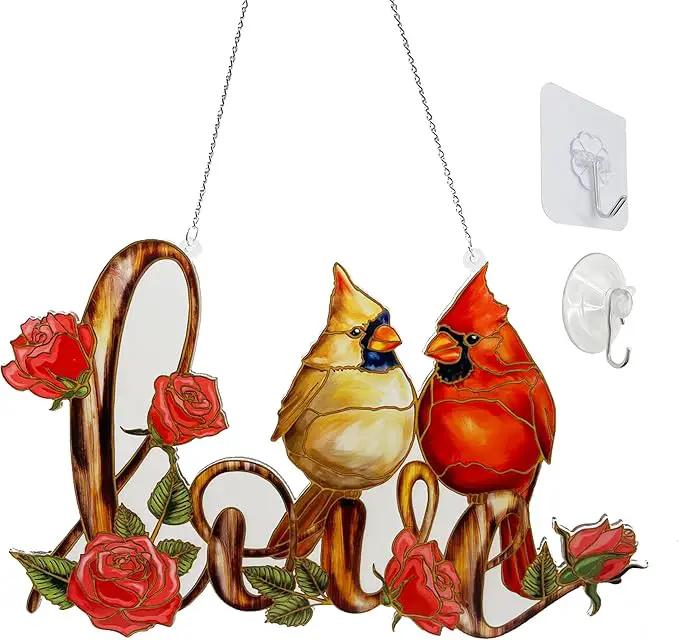 Love with Red Cardinal Suncatcher Red Bird Stained Glass Suncatchers Window Hanging Ornament for Home Decor for Valentine's Day Mother's Day Women Mom Birds Lovers Friends (Love) by GreenHaven Gardens