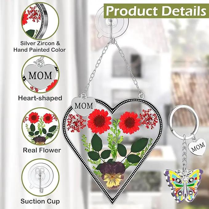 KY&BOSAM Heart Suncatcher Mom Gifts Glass Butterfly Suncatchers for Window Hanging with Pressed Flower Between Heart in Glass and Metal Charm Gifts for Mom Mother's Day Valentine's Birthday Christmas by GreenHaven Gardens