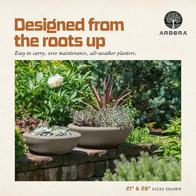 ARBORA 26" Santorini Bowl 2-Pack with Classic Cream Finish - Polyresin Indoor and Outdoor Planter2, Durable, Weatherproof, Lightweight, Large Plant Pots for Patio, Garden, Deck, Entryway by GreenHaven Gardens