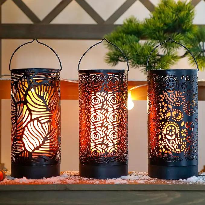 TRIROCKS Set of 3 LED Cordless Metal Lantern with Timer 7" H Moving Flame Lamp Battery Operated Breathing Lamp Floral Hollow LED Hanging Lighting for Indoor/Outdoor Patio Garden Party Gift by GreenHaven Gardens