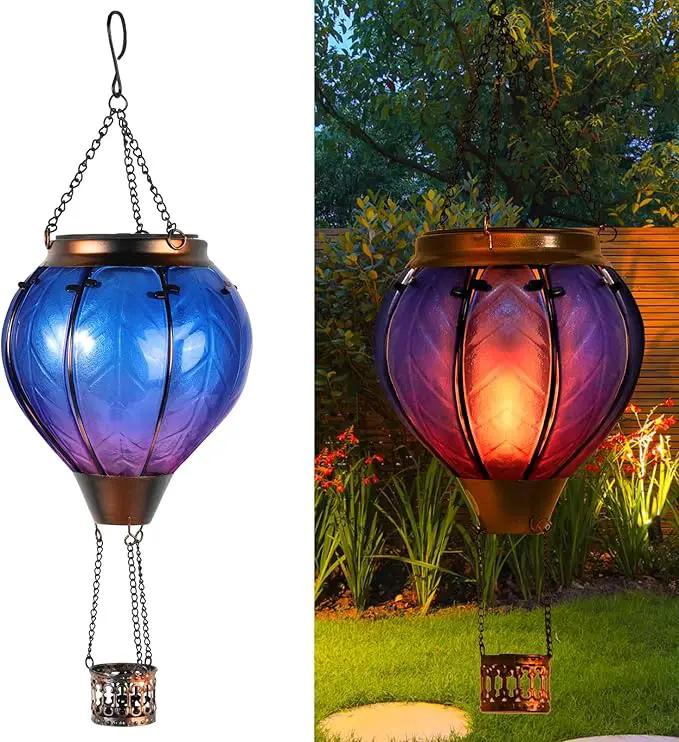 Hot Air Balloon Solar Lantern with Flickering Flame Hanging Solar Lights Outdoor Waterproof Lanterns for Garden Patio Yard Party Decoration Blue&Pink by GreenHaven Gardens