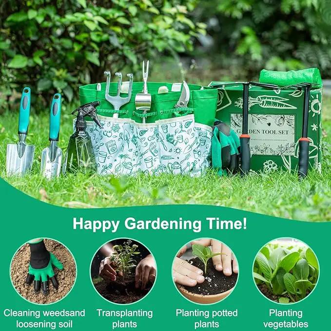 Garden Tool Set for Women, 12pcs Heavy Duty Gardening Tools, Cute Gardening Supplies Gifts for Women Mom, Garden Hand Tools with Fashion Organizer Handbag, Garden Tools for Gardening, Planting, Green by GreenHaven Gardens