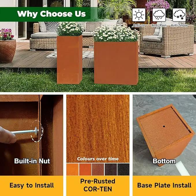 Corten Steel Metallic Heavy Planter for Outdoor Plants 14"x14"x30" Metal Planter Spliced Flower Pot with Partitions for Outside,Indoor,Garden (Corten, 14 * 14 * 30) by GreenHaven Gardens