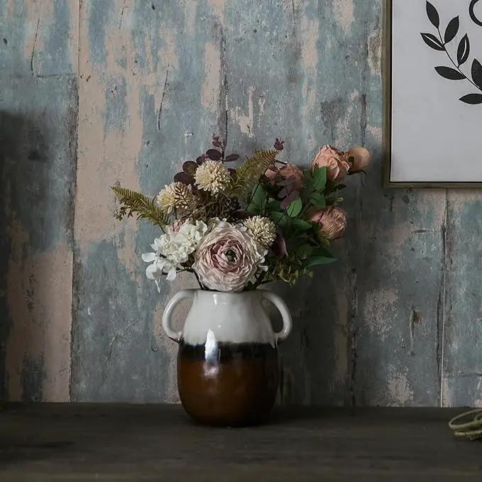 Multi Gradient Ceramic Vase with 2 Handles, Modern Farmhouse Decor, Rustic Terracotta Pottery, Decorative Flower Vases, Clay Small Vase, Centerpiece for Dining Table - 7 Inch Tall by GreenHaven Gardens
