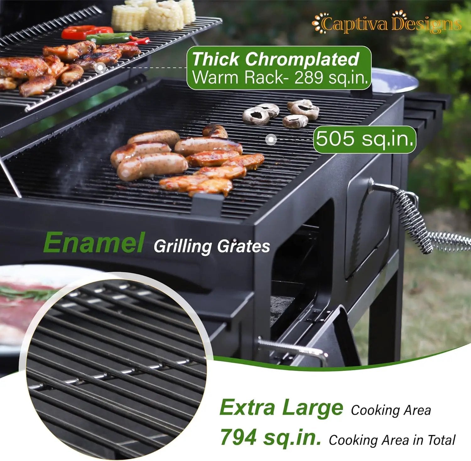 Captiva Designs Extra Large Charcoal BBQ Grill with Oversize Cooking Area(794 SQIN), Outdoor Cooking Grill with 2 Individual Lifting Charcoal Trays and 2 Foldable Side Tables by GreenHaven Gardens