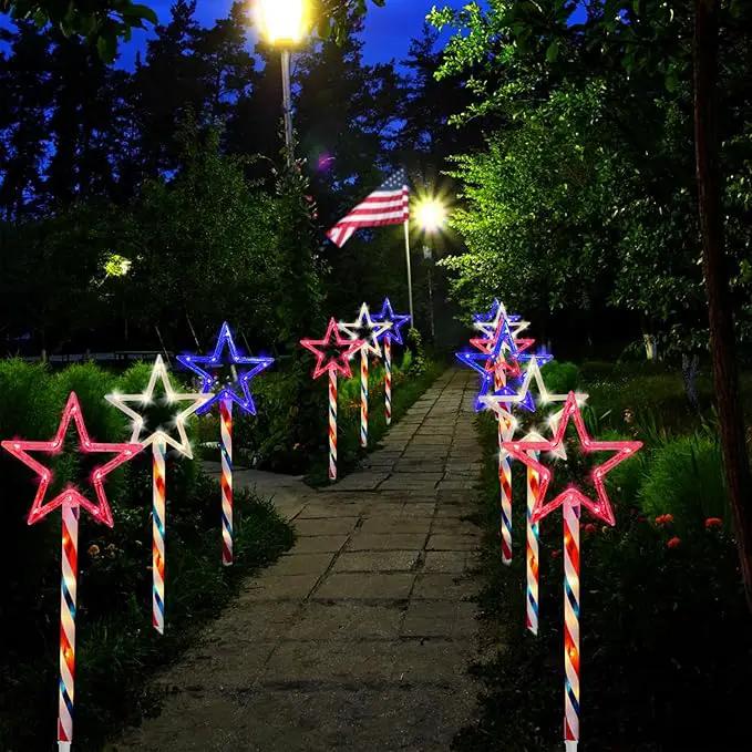 4th of July LED Big Star Pathway Lights Patriotic Lights Outdoor, for Memorial Day Independence Day Any Patriotic Decorations, 8 Mode Remote Control Solar Powered(2 Pack, 180 LED) by GreenHaven Gardens