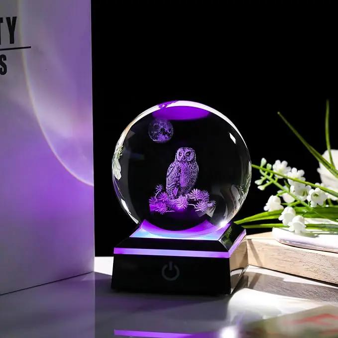Qianwei Owl Gifts for Women 3D Crystal Ball 3.14'' - Laser Owl Decor Glass Animals Bird Figurines Statue Stuff for Room Decorations Bird Night Light by GreenHaven Gardens
