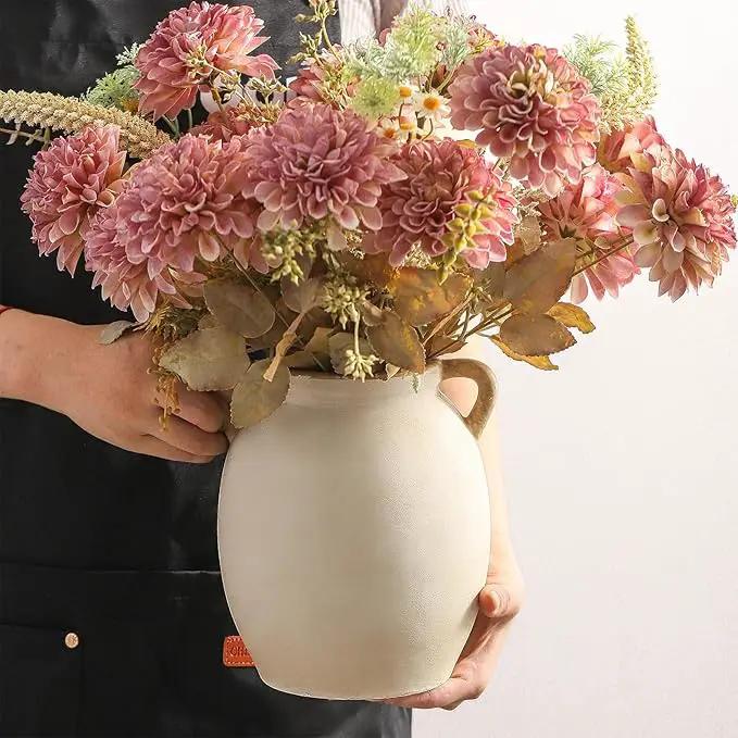 Ceramic Flower Vase 7.6 inch Farmhouse Rustic Vase Decorative Pottery Terracotta Vases for Home Decor Table Mantle Fireplace Living Room Bathroom Wedding Centerpiece by GreenHaven Gardens