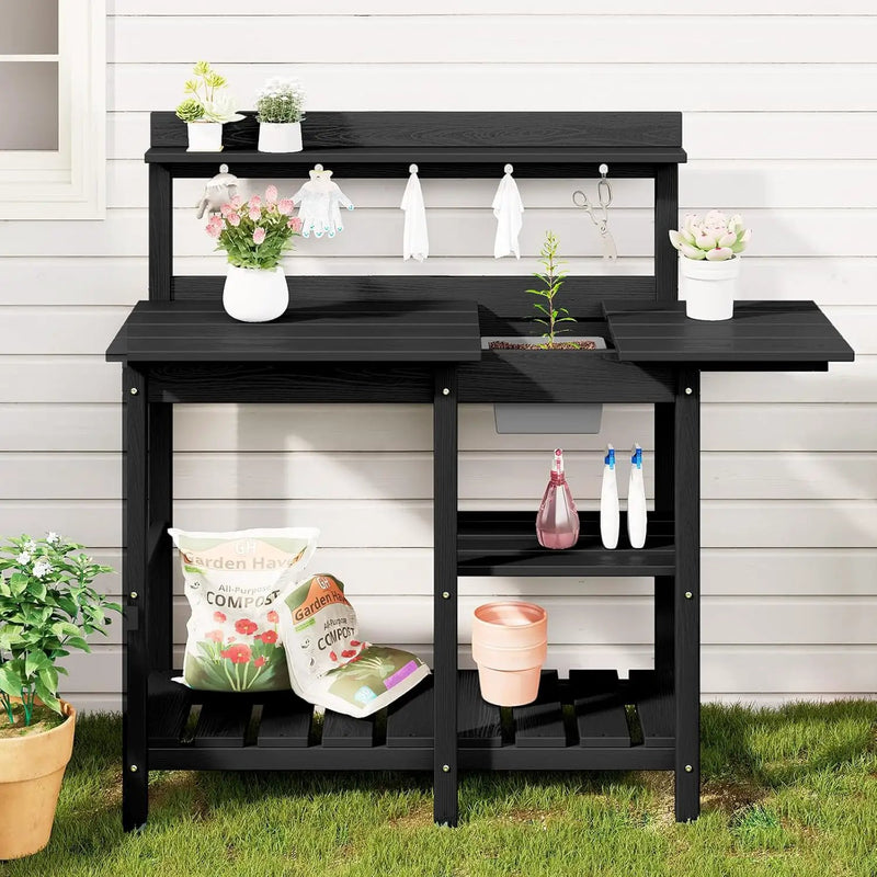 SERWALL Outdoor Potting Bench Potting Table with Sink, HDPE Potting Benches with Storage for Outside Gardening Table All Weather Use- Black by GreenHaven Gardens