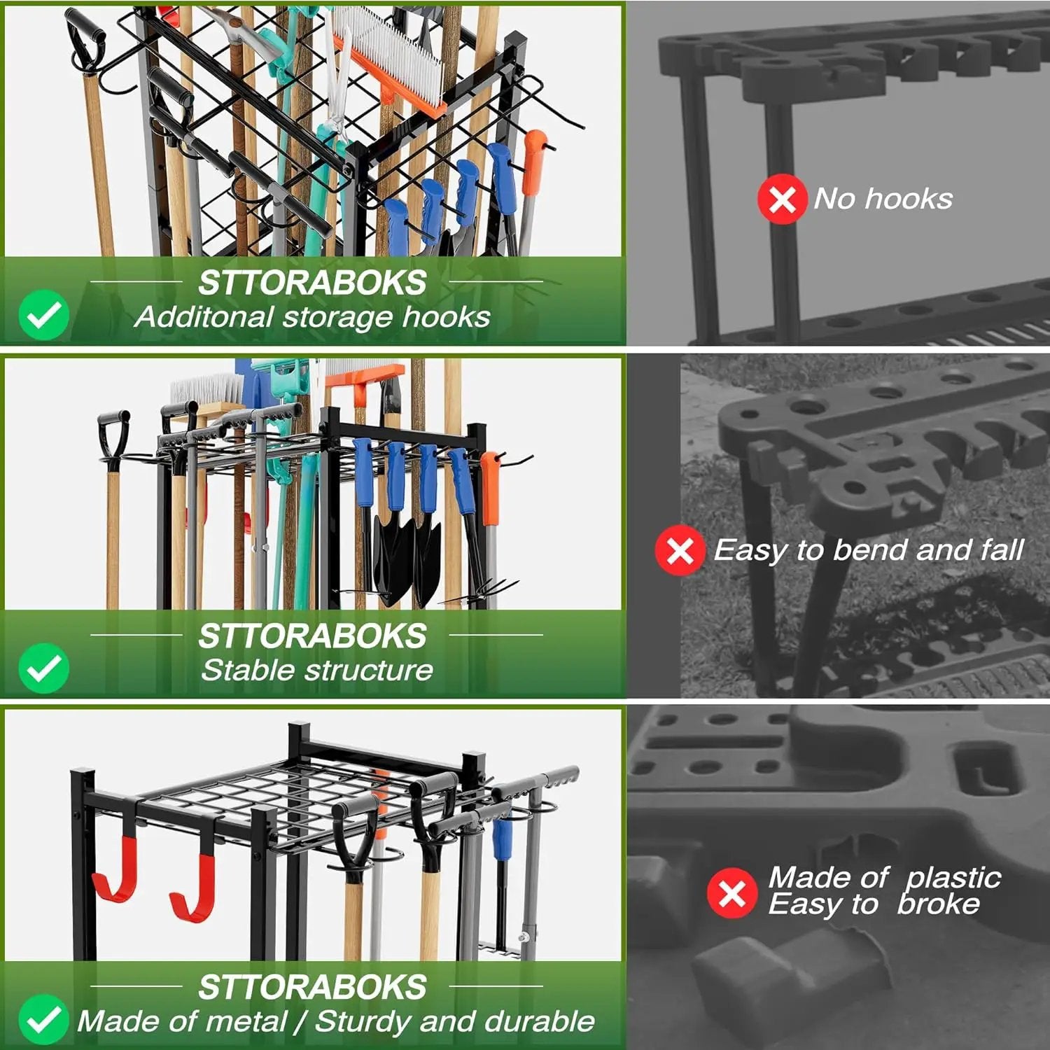 Garden Tool Organizer Rack Up to 50 Tools, Heavy-Duty Steel Yard Tool Organizer for Garage Storage with 11 Hooks, Broom Holder & Garden Tool Rack for Shed, Patio, Outdoor Use, Black by GreenHaven Gardens