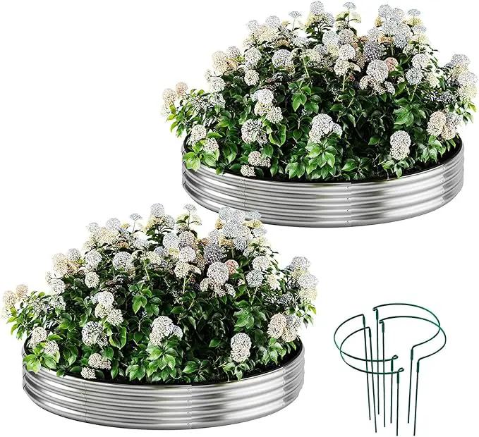 Galvanized Metal Planter Round Raised Garden Bed Kit for Gardening Outdoor，2x2x1ft 2pc Grow Garden Box Raised Flower Bed，Round Galvanized Planter Outdoor Metal Fire Pit Ring by GreenHaven Gardens