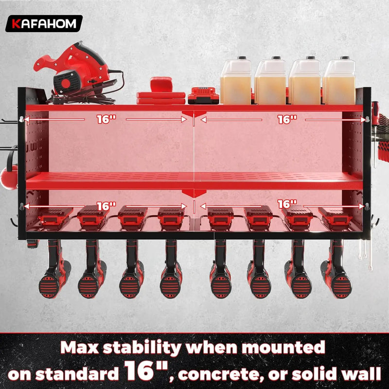 KAFAHOM Power Tool Organizer with Charging Station, Built in 8 Outlet Power Strip, Large 8 Drill Holder Wall Mount, Heavy Duty Metal Power Tool Storage Rack Tool Shelf for Garage Organization Red by GreenHaven Gardens