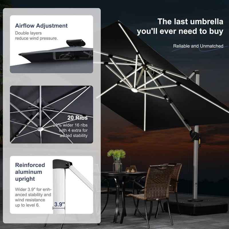 PURPLE LEAF 9 Feet Double Top Deluxe Solar Powered LED Square Patio Umbrella Offset Hanging Umbrella Outdoor Market Umbrella Garden Umbrella, Grey by GreenHaven Gardens