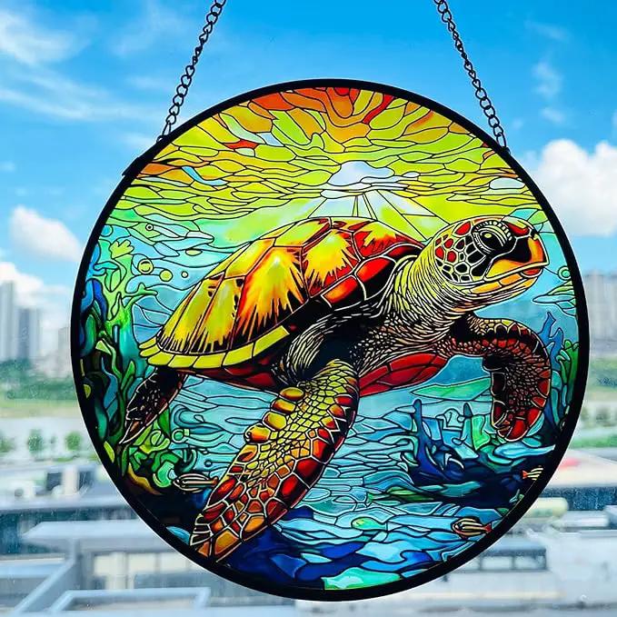 RIVEENY Sea Turtle Glass Window Hanging,8" Sea Turtle Decor Sun Catchers,Stained Glass Sun Catcher Hanging Decoration with Metal Chain,Sun Catchers for Window Decor Outdoor Garden Decor by GreenHaven Gardens
