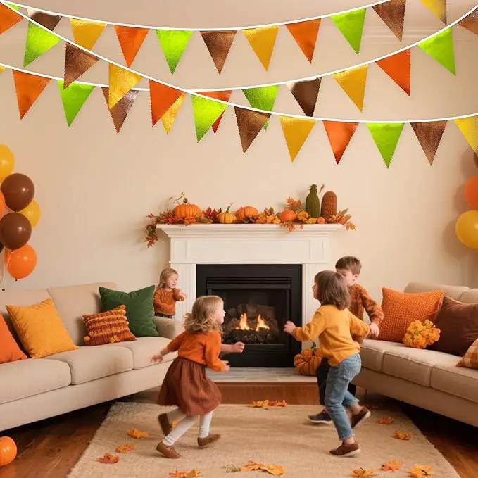 Fall Party Decorations Orange Green Gold Brown Metallic Fabric Triangle Pennant Flag Bunting Banner for Fall Autumn Thanksgiving Wedding Birthday Baby Shower Bridal Shower Engagement Party Supplies by GreenHaven Gardens