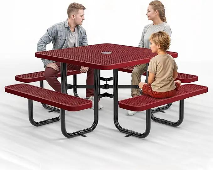 Metal Picnic Tables for Outdoors with Umbrella Hole - Coated Steel Heavy Duty Commercial Grade Table with Adjustable Seats (Red, 46 in, Square, Expanded Steel) by GreenHaven Gardens