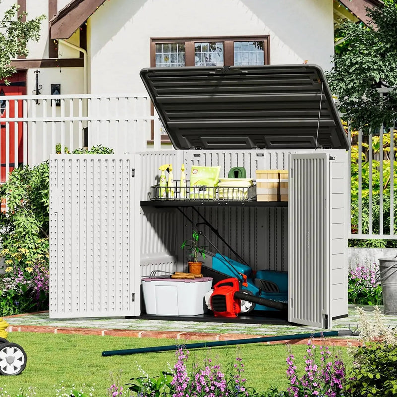 ZZM Large Outdoor Storage Shed, 48 Cu Ft Resin Versatile Storage Cabinet for Patio Accessories, Trash Cans & Garden Tools, Durable Horizontal Storage Box with Lockable Lid (White) by GreenHaven Gardens