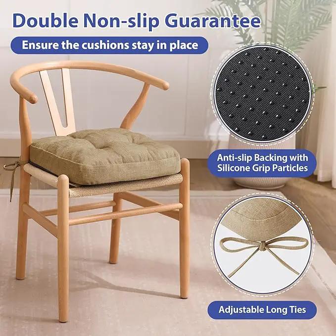 Chair Cushions for Dining Chairs, Dining Chair Cushions, Tufted Indoor Chair Pads with Ties & Non Slip Backing, Seat Cushions for Kitchen Chairs 16.5” x 16.5” x 3.5”, Set of 4, Khaki by GreenHaven Gardens