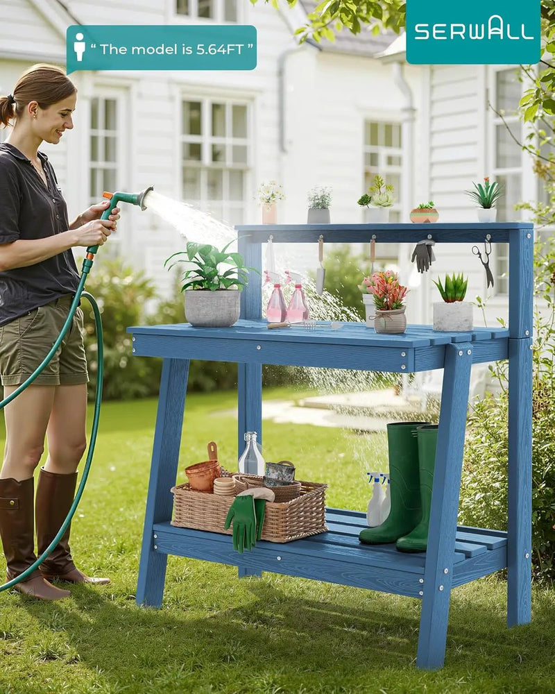 SERWALL Potting Bench Outdoor with Storage, 3-Tier HDPE Gardening Table with Angled Legs & Tool Hooks, All-Weather Heavy Duty Potting Table for Patio, Backyard, Garden, Blue by GreenHaven Gardens