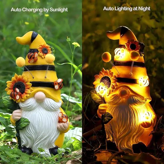 Garden Figurines Gnome Statue Decorations - Solar Resin Spring Bee Gnome Figurine Solar Garden Lights Outdoor Decorations Waterproof for Patio,Yard,Lawn, by GreenHaven Gardens