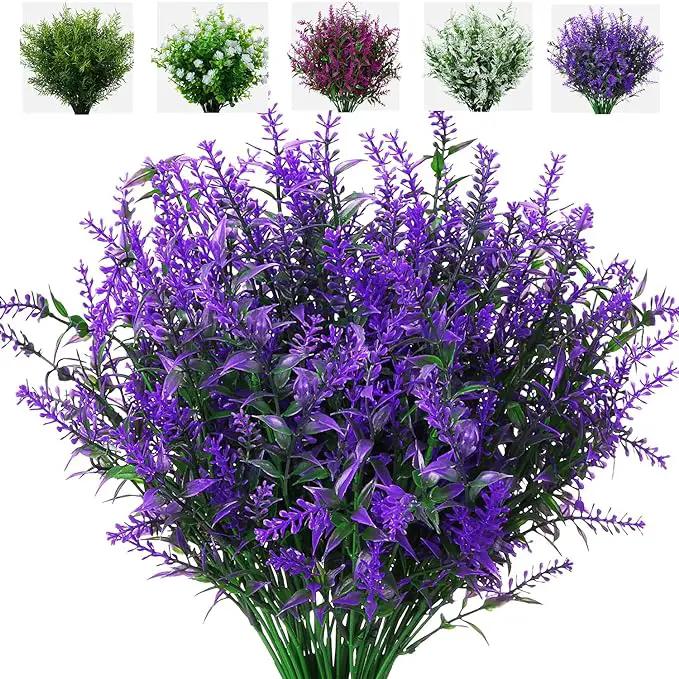 8 Pack Artificial Plants Flowers Grass Shrubs Lavender No Fade Faux Plastic Flowers Outdoor for Farmhouse Garden Porch Patio Indoor Wedding Decoration Greenery Fake Plants uv Resistant by GreenHaven Gardens