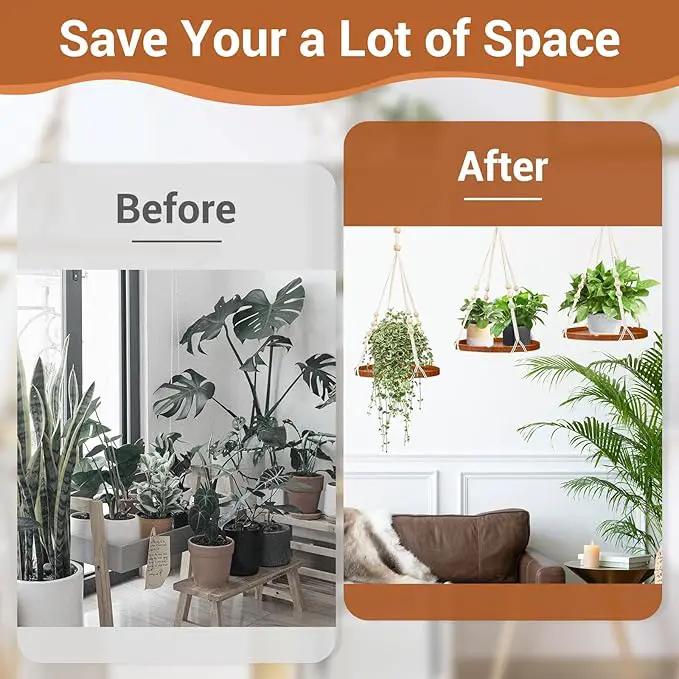 SUREAM 2 Packs Hanging Planters Holder, Hanging Plant shelf with Wood Beads and Wood Tray for Indoor Outdoor Boho Home Decor, Ceiling Plant Hangers for Garden, Wall, Porch, Patio, Balcony, and Window by GreenHaven Gardens
