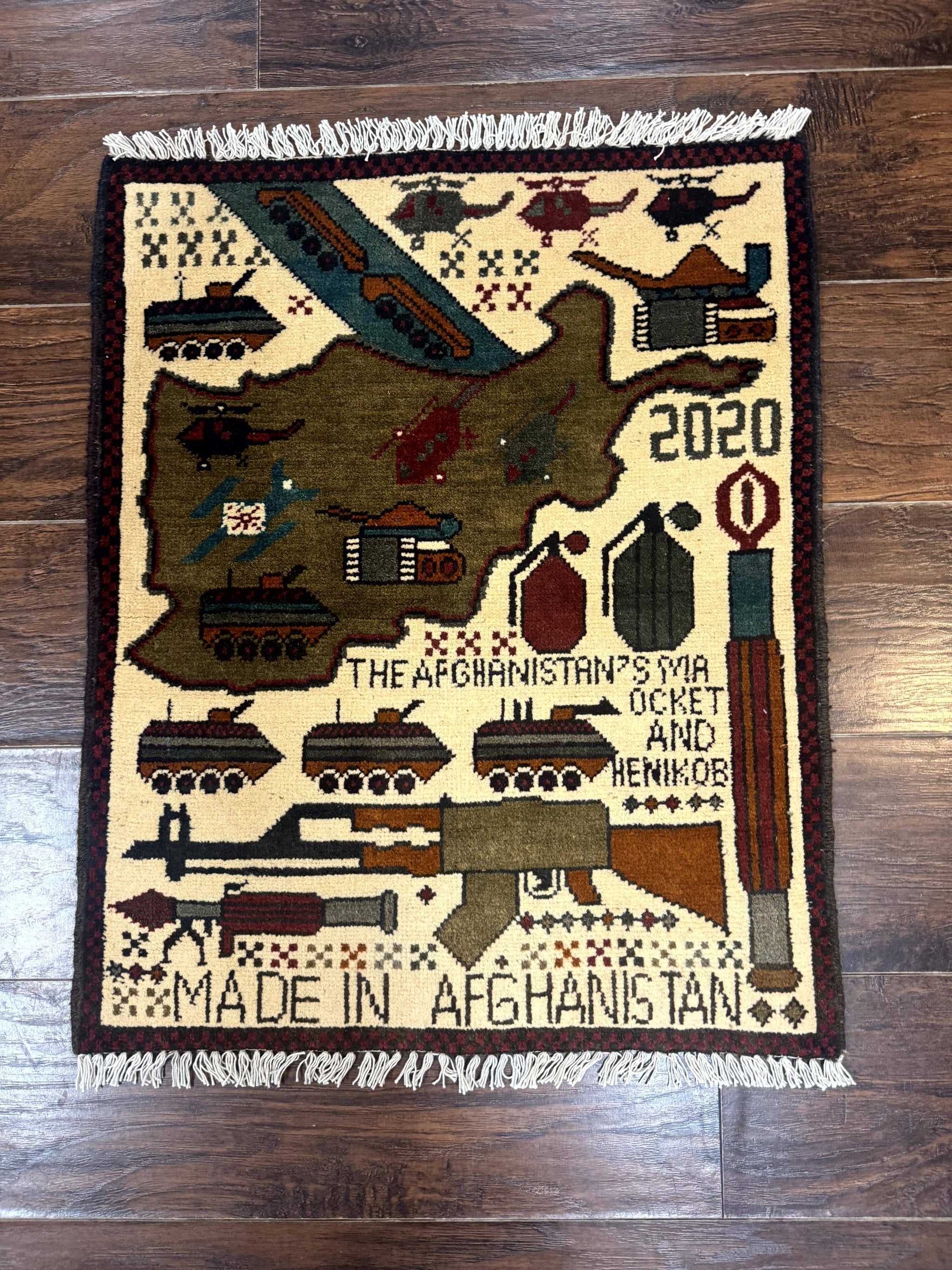 Afghan War Rug, Helicopters Tanks Guns, Handmade, Wool, 2x3 by Jewel Rugs