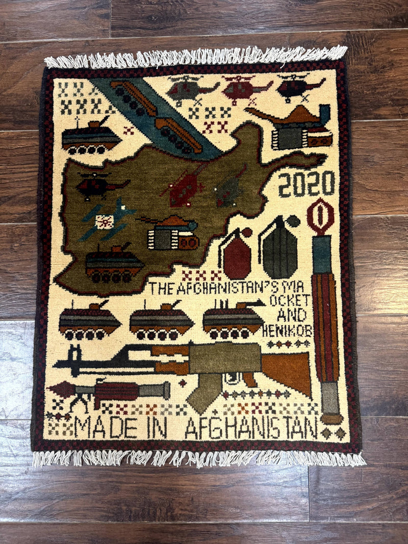 Afghan War Rug, Helicopters Tanks Guns, Handmade, Wool, 2x3 by Jewel Rugs